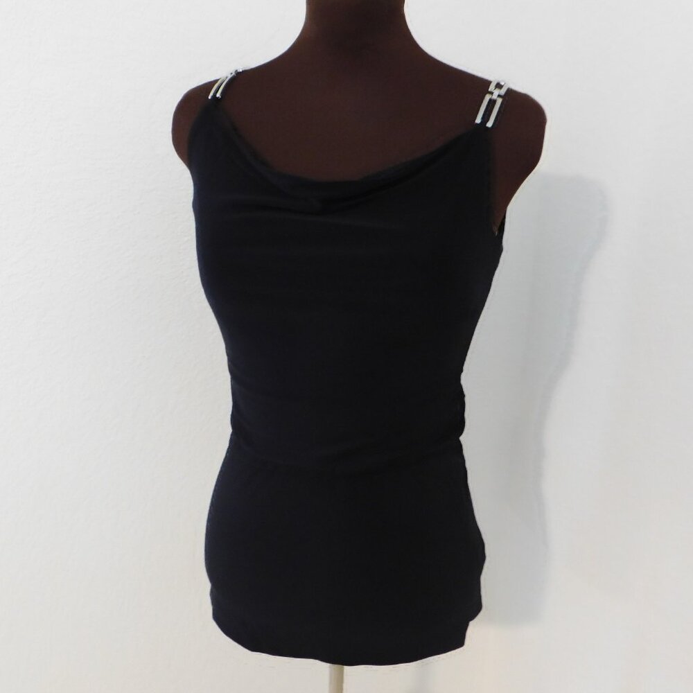 White House Black Market WHBM Black Blouse Metal Chain Straps XXS